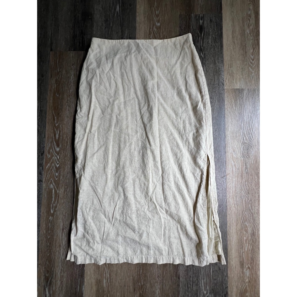 Gap Maxi Skirt Womens Large Beige Linen Blend Side Slit Elastic Waist Casual
